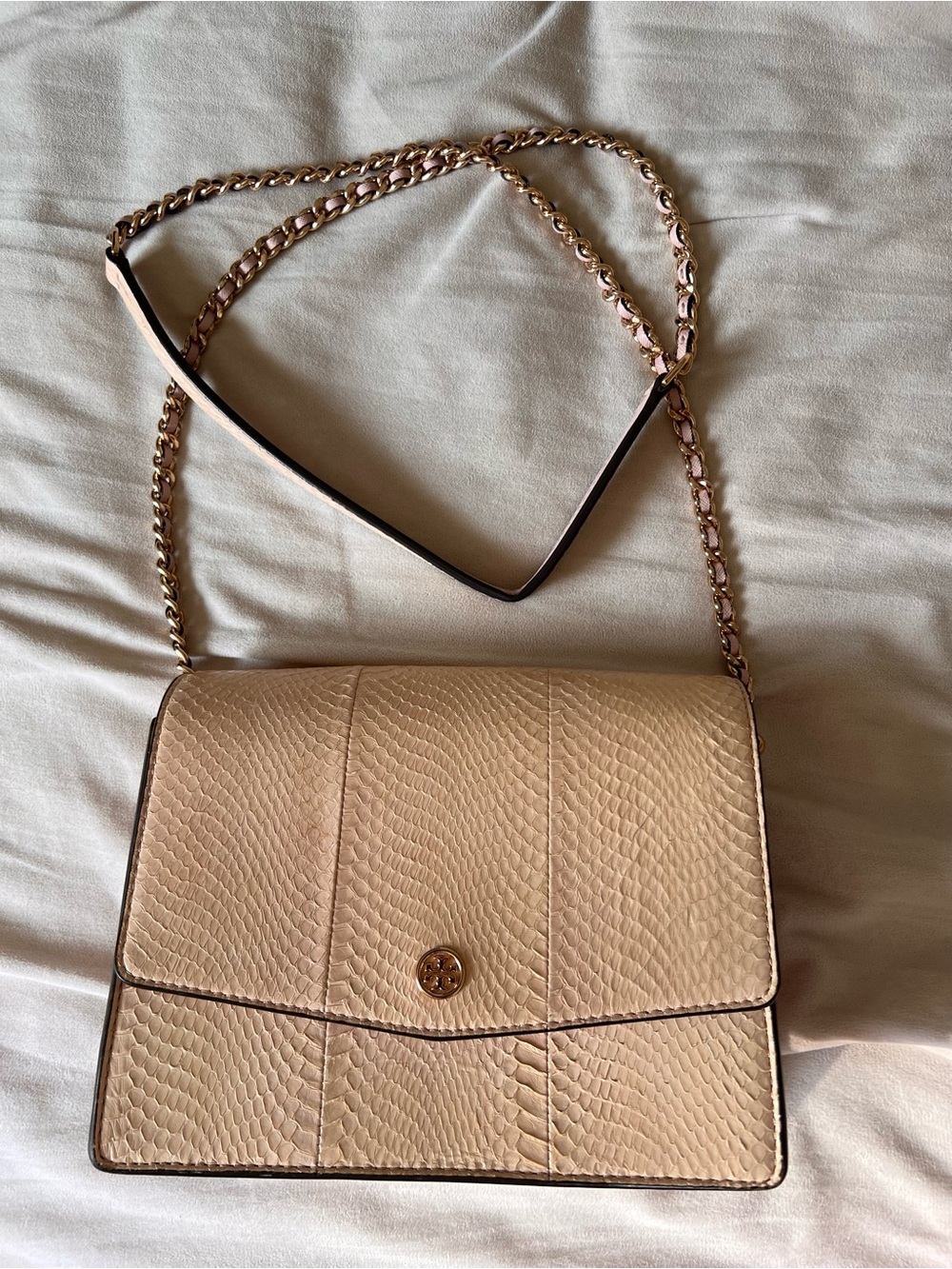 Tory Burch Flap Neutral Blush Textured Blush Pink Python Leather Chain Bag